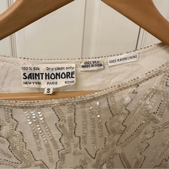 Vintage Saint Honore Beige Silk Sequin Beaded Flapper Dress, Small - Picture 6 of 9